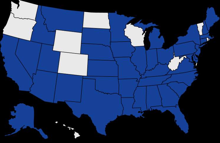 Map of the USA highlighting states where Freedom Debt Relief services are available, shown in blue